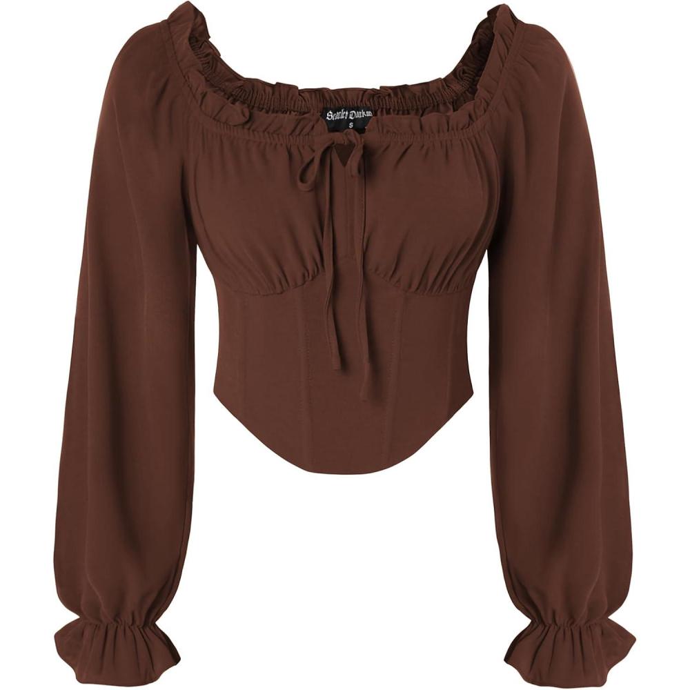 image:imageScarlet Darkness Vintage Corset Tops for Women Renaissance Blouse Off Shoulder Long Sleeve TopBrown