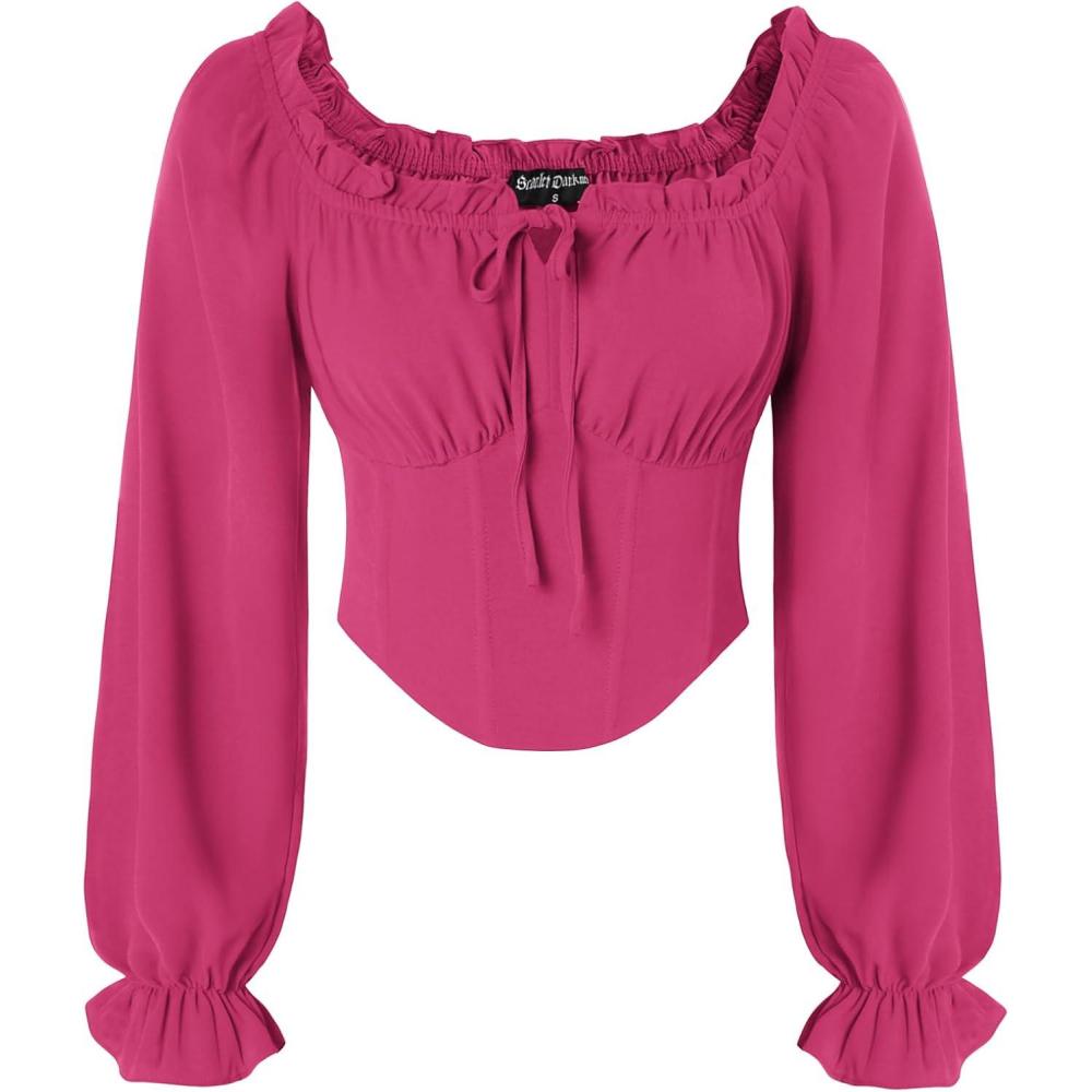 image:imageScarlet Darkness Vintage Corset Tops for Women Renaissance Blouse Off Shoulder Long Sleeve TopPink