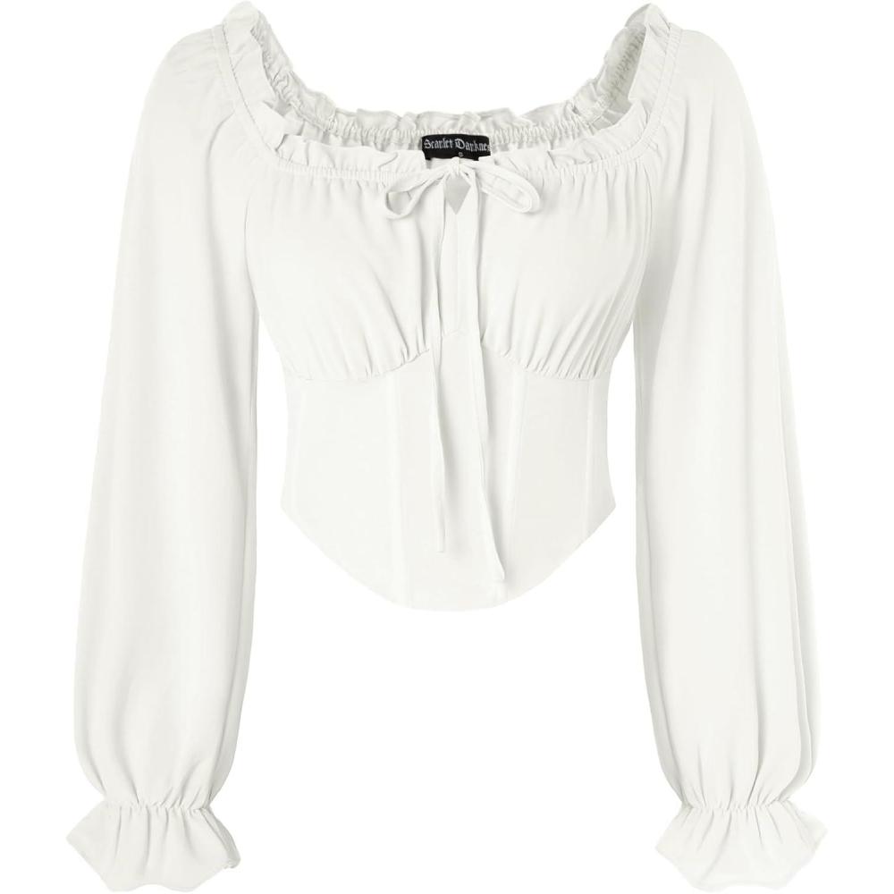 image:imageScarlet Darkness Vintage Corset Tops for Women Renaissance Blouse Off Shoulder Long Sleeve TopWhite