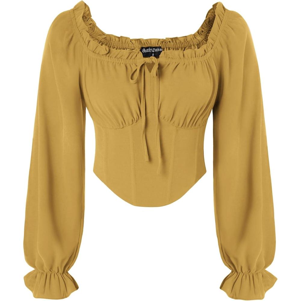 image:imageScarlet Darkness Vintage Corset Tops for Women Renaissance Blouse Off Shoulder Long Sleeve TopYellow