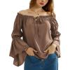 image:imageScarlet Darkness Women Renaissance Shirt Off Shoulder Bell Sleeve Ruffle Casual Loose Peasant TopsTobacco Brown