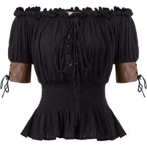 image:imageBelle Poque Women Renaissance Off Shoulder Blouse Smocked Waist Pirate Shirt Peplum TopsBlack