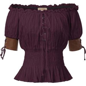image:imageBelle Poque Women Renaissance Off Shoulder Blouse Smocked Waist Pirate Shirt Peplum TopsDeep Purple