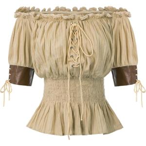 image:imageBelle Poque Women Renaissance Off Shoulder Blouse Smocked Waist Pirate Shirt Peplum TopsKhaki