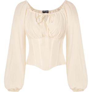 image:imageSCARLET DARKNESS Corset Tops for Women Elastic Neckline Renaissance Shirt Peasant BlouseBeige
