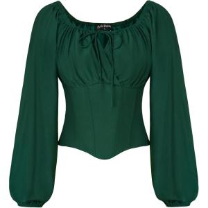 image:imageSCARLET DARKNESS Corset Tops for Women Elastic Neckline Renaissance Shirt Peasant BlouseGreen