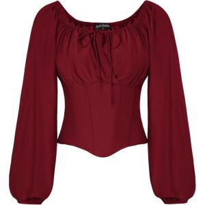 image:imageSCARLET DARKNESS Corset Tops for Women Elastic Neckline Renaissance Shirt Peasant BlouseWine Red