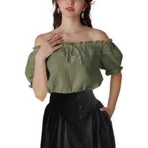image:imageSCARLET DARKNESS Peasant Blouse for Women Off Shoulder Puff Sleeve Cotton Loose Summer TopsArmy Green