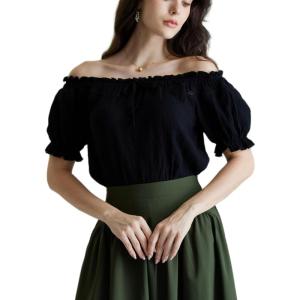 image:imageSCARLET DARKNESS Peasant Blouse for Women Off Shoulder Puff Sleeve Cotton Loose Summer TopsBlack
