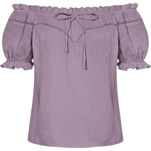 image:imageSCARLET DARKNESS Peasant Blouse for Women Off Shoulder Puff Sleeve Cotton Loose Summer TopsGrey Purple