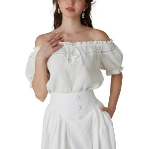 image:imageSCARLET DARKNESS Peasant Blouse for Women Off Shoulder Puff Sleeve Cotton Loose Summer TopsIvory