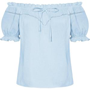 image:imageSCARLET DARKNESS Peasant Blouse for Women Off Shoulder Puff Sleeve Cotton Loose Summer TopsLight Blue
