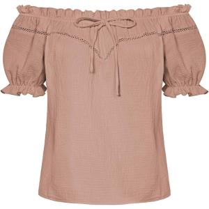 image:imageSCARLET DARKNESS Peasant Blouse for Women Off Shoulder Puff Sleeve Cotton Loose Summer TopsLight Brown
