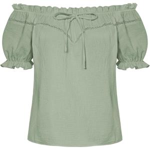image:imageSCARLET DARKNESS Peasant Blouse for Women Off Shoulder Puff Sleeve Cotton Loose Summer TopsLight Green