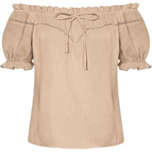 image:imageSCARLET DARKNESS Peasant Blouse for Women Off Shoulder Puff Sleeve Cotton Loose Summer TopsLight Khaki