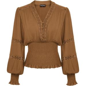 image:imageSCARLET DARKNESS Renaissance Shirt Women Boho Long Sleeve V Neck Smocked Peasant TopsAutumnal