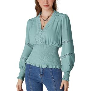 image:imageSCARLET DARKNESS Renaissance Shirt Women Boho Long Sleeve V Neck Smocked Peasant TopsBaby Blue