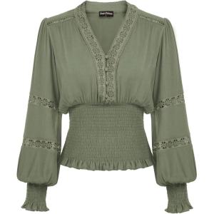image:imageSCARLET DARKNESS Renaissance Shirt Women Boho Long Sleeve V Neck Smocked Peasant TopsBean Green