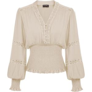 image:imageSCARLET DARKNESS Renaissance Shirt Women Boho Long Sleeve V Neck Smocked Peasant TopsBeige