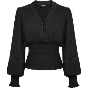 image:imageSCARLET DARKNESS Renaissance Shirt Women Boho Long Sleeve V Neck Smocked Peasant TopsBlack