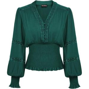 image:imageSCARLET DARKNESS Renaissance Shirt Women Boho Long Sleeve V Neck Smocked Peasant TopsBlue Green