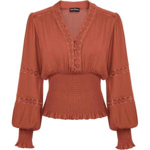 image:imageSCARLET DARKNESS Renaissance Shirt Women Boho Long Sleeve V Neck Smocked Peasant TopsBurnt Orange
