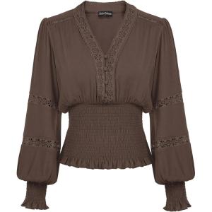 image:imageSCARLET DARKNESS Renaissance Shirt Women Boho Long Sleeve V Neck Smocked Peasant TopsChocolate