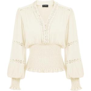 image:imageSCARLET DARKNESS Renaissance Shirt Women Boho Long Sleeve V Neck Smocked Peasant TopsCream