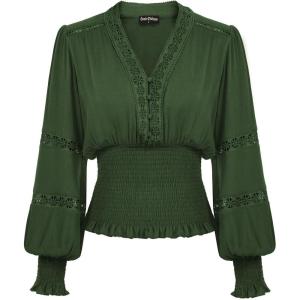 image:imageSCARLET DARKNESS Renaissance Shirt Women Boho Long Sleeve V Neck Smocked Peasant TopsDark Green