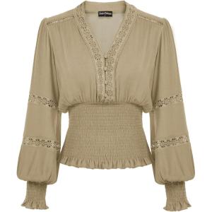 image:imageSCARLET DARKNESS Renaissance Shirt Women Boho Long Sleeve V Neck Smocked Peasant TopsKhaki
