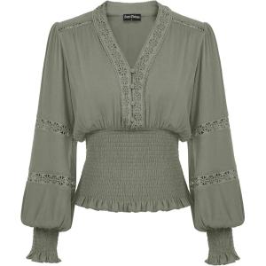 image:imageSCARLET DARKNESS Renaissance Shirt Women Boho Long Sleeve V Neck Smocked Peasant TopsMoss Grey