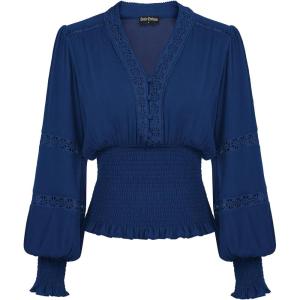 image:imageSCARLET DARKNESS Renaissance Shirt Women Boho Long Sleeve V Neck Smocked Peasant TopsNavy