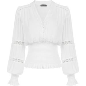 image:imageSCARLET DARKNESS Renaissance Shirt Women Boho Long Sleeve V Neck Smocked Peasant TopsWhite