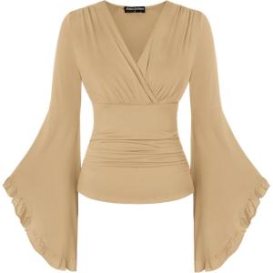 image:imageScarlet Darkness Bell Sleeve Tops for Women Renaissance Shirt Pirate Peasant BlouseKhaki