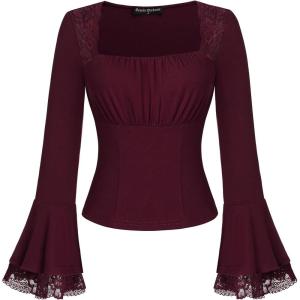 image:imageScarlet Darkness Long Sleeve Tops for Women Square Neck Shirts Fitted Fall Blouse Goth Victorian Tees Going Out ClothesWine