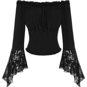 image:imageScarlet Darkness Renaissance Shirt Women Bell Sleeve Off The Shoulder Pirate Blouse Peasant Dressy TopBlack