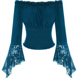 image:imageScarlet Darkness Renaissance Shirt Women Bell Sleeve Off The Shoulder Pirate Blouse Peasant Dressy TopBlue
