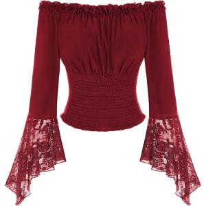 image:imageScarlet Darkness Renaissance Shirt Women Bell Sleeve Off The Shoulder Pirate Blouse Peasant Dressy TopRed