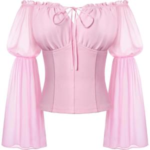 image:imageScarlet Darkness Renaissance Shirt Women Long Sleeve Off Shoulder Tops Pirate Peasant BlouseLight Pink