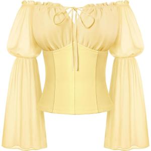 image:imageScarlet Darkness Renaissance Shirt Women Long Sleeve Off Shoulder Tops Pirate Peasant BlouseLight Yellow