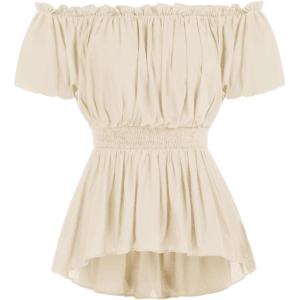 image:imageScarlet Darkness Renaissance Shirt Women Off Shoulder Short Sleeve Tops Summer Peasant Pirate Shirt Peplum Blouse Light Yellow XXL