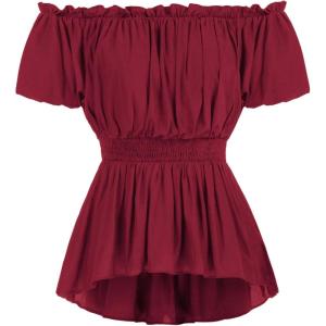 image:imageScarlet Darkness Renaissance Shirt Women Off Shoulder Short Sleeve Tops Summer Peasant Pirate Shirt Peplum Blouse Wine Red L