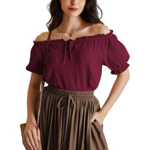 image:imageScarlet Darkness Renaissance Shirt Women Summer Off Shoulder Short Sleeve Peasant TopsWine Red