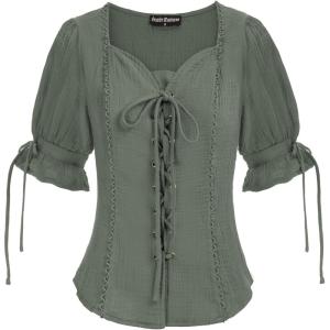 image:imageScarlet Darkness Renaissance Shirts for Women Summer Plus Size Laceup TopsGreen Gray