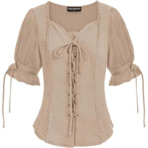 image:imageScarlet Darkness Renaissance Shirts for Women Summer Plus Size Laceup TopsLight Khaki