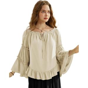 image:imageScarlet Darkness Women Bell Sleeve Tops Ruffle Off Shoulder Casual Loose Renaissance Peasant BlouseApricot