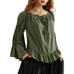 image:imageScarlet Darkness Women Bell Sleeve Tops Ruffle Off Shoulder Casual Loose Renaissance Peasant BlouseArmy Green