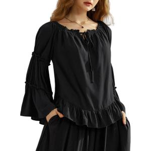 image:imageScarlet Darkness Women Bell Sleeve Tops Ruffle Off Shoulder Casual Loose Renaissance Peasant BlouseBlack