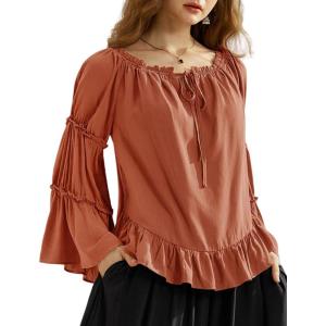image:imageScarlet Darkness Women Bell Sleeve Tops Ruffle Off Shoulder Casual Loose Renaissance Peasant BlouseBurnt Orange
