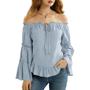 image:imageScarlet Darkness Women Bell Sleeve Tops Ruffle Off Shoulder Casual Loose Renaissance Peasant BlouseLight Blue